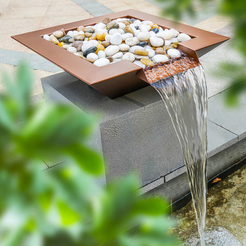 20" Square Garden Water Bowl, Stainless Steel Spilling Water Feature for Outdoor Ponds, and Other Landscaped Areas (Antique Brown Coated)