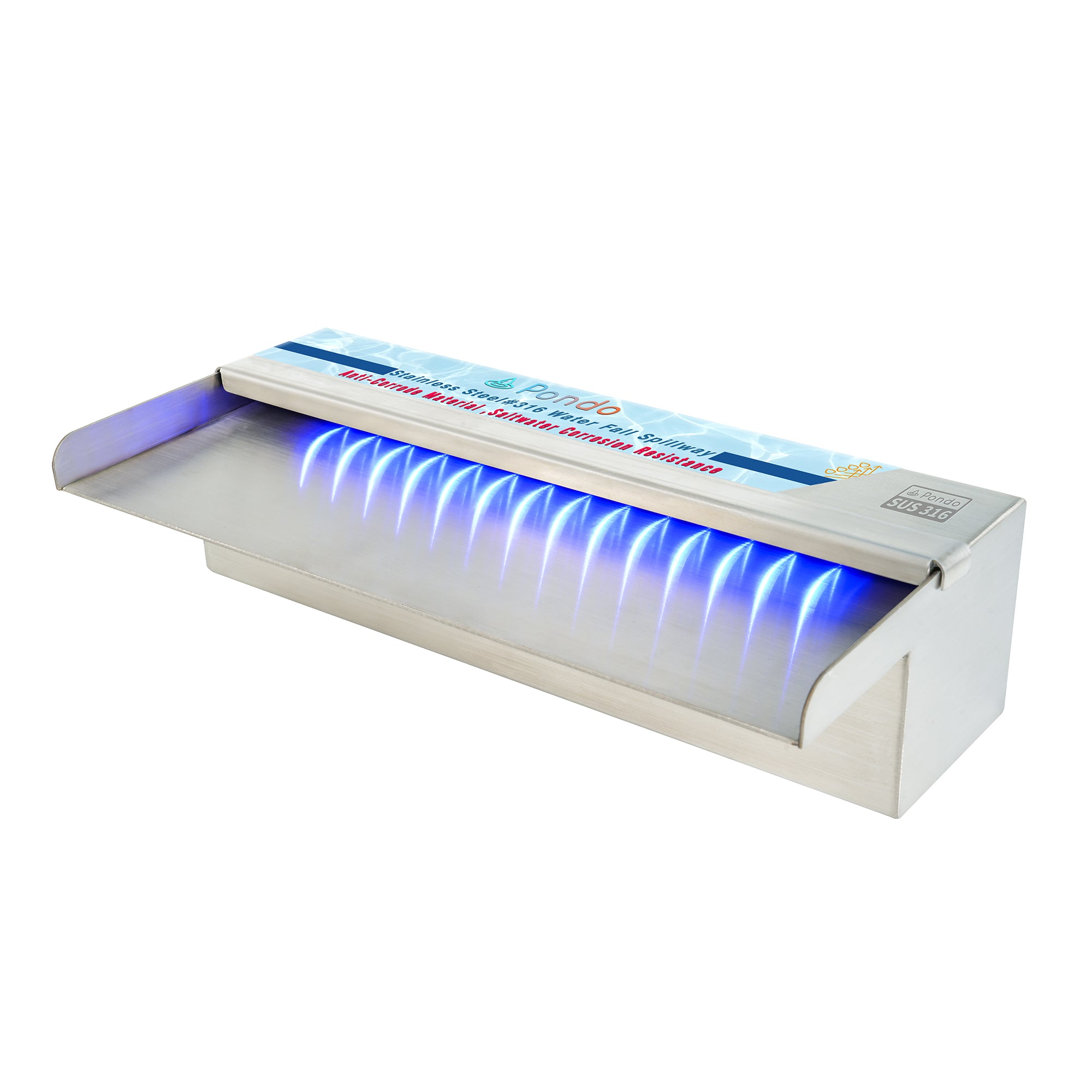 PONDO 47 Inch 316 Stainless Steel Spillway with 7-Color LED Light Bar, Salt Water Corrosion Resistant Lighted Waterfall Pool Fountain Designed for Seawater Use, Waterfall Spillway for Garden Outdoor