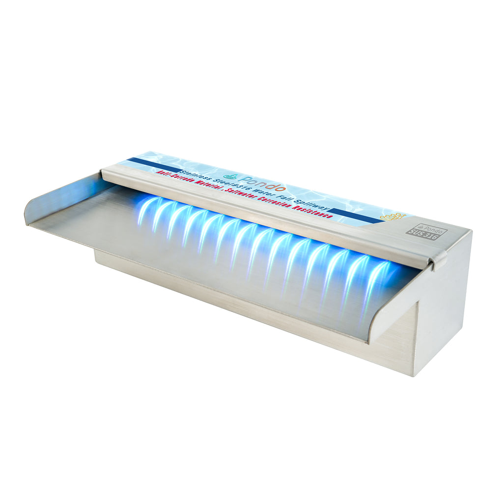 PONDO 47 Inch 316 Stainless Steel Spillway with 7-Color LED Light Bar, Salt Water Corrosion Resistant Lighted Waterfall Pool Fountain Designed for Seawater Use, Waterfall Spillway for Garden Outdoor