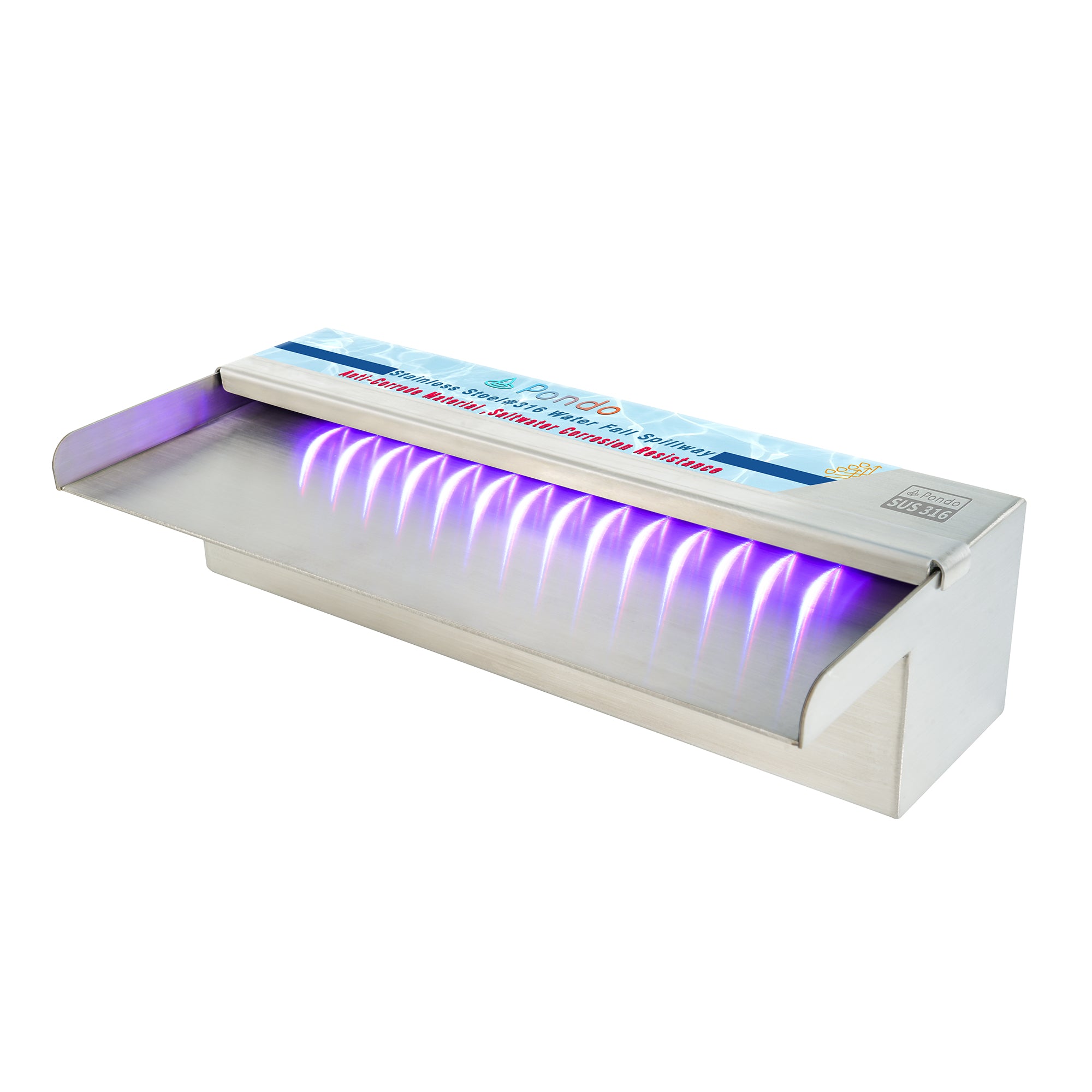 PONDO 47 Inch 316 Stainless Steel Spillway with 7-Color LED Light Bar, Salt Water Corrosion Resistant Lighted Waterfall Pool Fountain Designed for Seawater Use, Waterfall Spillway for Garden Outdoor