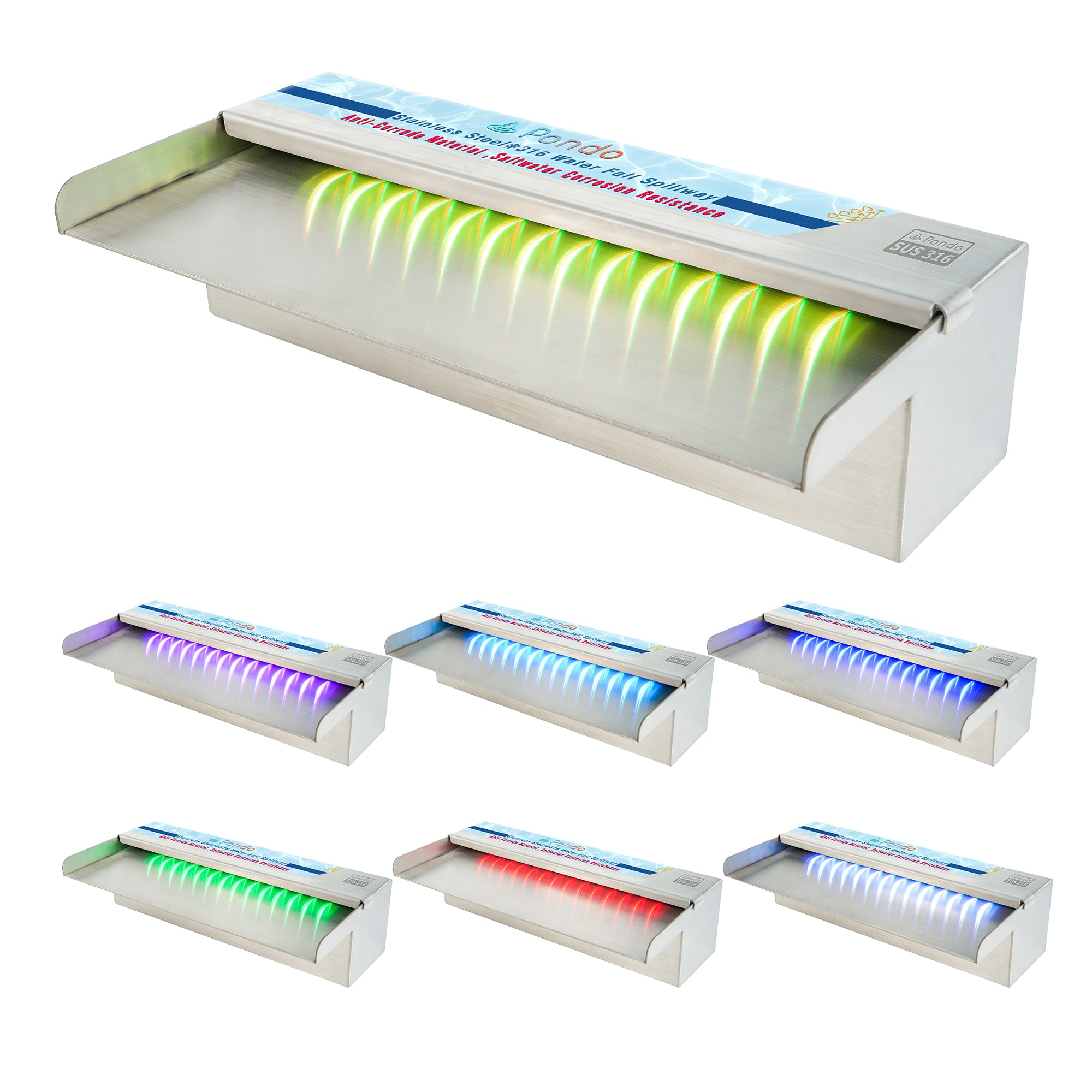 PONDO 47 Inch 316 Stainless Steel Spillway with 7-Color LED Light Bar, Salt Water Corrosion Resistant Lighted Waterfall Pool Fountain Designed for Seawater Use, Waterfall Spillway for Garden Outdoor