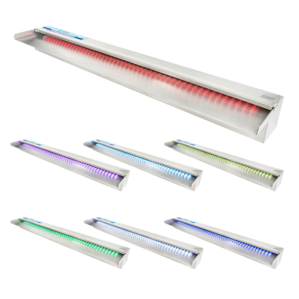 PONDO 47 Inch 316 Stainless Steel Spillway with 7-Color LED Light Bar, Salt Water Corrosion Resistant Lighted Waterfall Pool Fountain Designed for Seawater Use, Waterfall Spillway for Garden Outdoor