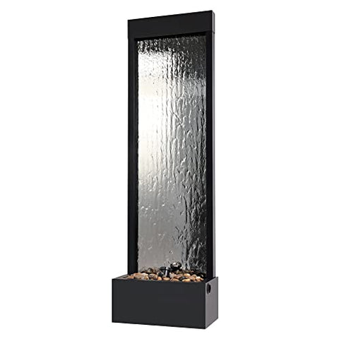 PONDO Mirror Waterfall Fountain with Stones and Light for Indoor/Outdoor, 20" L x 9" W x 59" H, Mirrored Silver