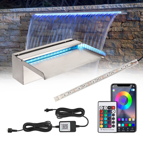 APP Control Pool Waterfall 12"with RGB LED Lights,Stainless Steel Pond Fountain Set for Outdoor Decorations