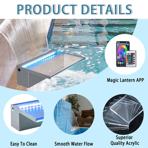 APP Control Pool Waterfall 12"With RGB LED Lights,Acrylic  Pond Fountain Set For Outdoor Decorations