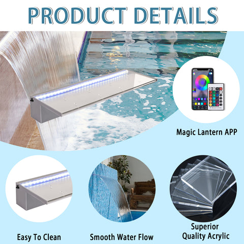 APP Control Pool Waterfall 24"With RGB LED Lights,Acrylic Fountain Set For Outdoor Decorations
