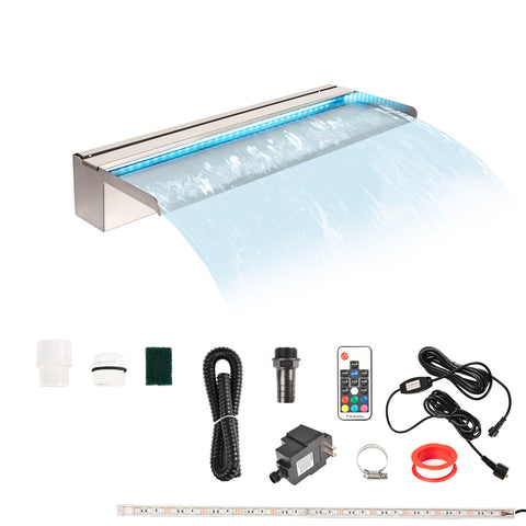 APP Control Pool Waterfall 24"With RGB LED Lights,Stainless Steel Pond Fountain Set For Outdoor Decorations