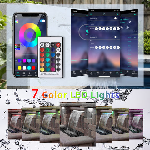 APP Control Pool Waterfall 36"With RGB LED Lights,Stainless Steel Pond Fountain Set For Outdoor Decorations