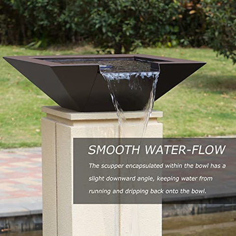 PONDO 20" Square Garden Water Bowl, Stainless Steel Spilling Water Feature for Outdoor Ponds, and Other Landscaped Areas (Antique Brown Coated)