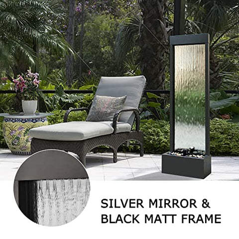 PONDO Mirror Waterfall Fountain with Stones and Light for Indoor/Outdoor, 20" L x 9" W x 59" H, Mirrored Silver